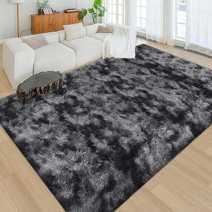 Black Grey Tie-Dyed Rug for Living Room 6x9 Fluffy Area Rug Mat Bedside Throw - Image 3