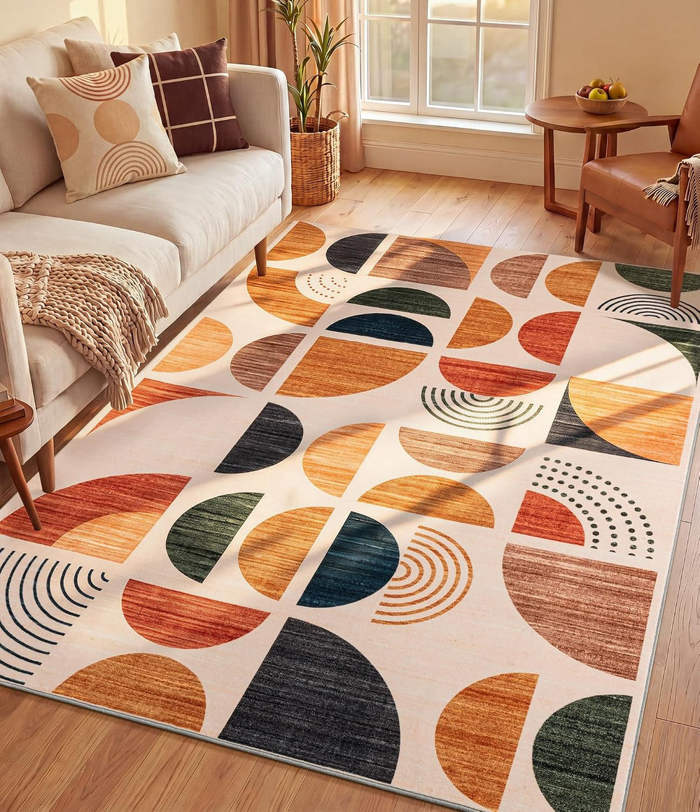 YIHOUSE Boho Washable 5x7 Area Rugs for Living Room, Mid-Century Modern Rug f...