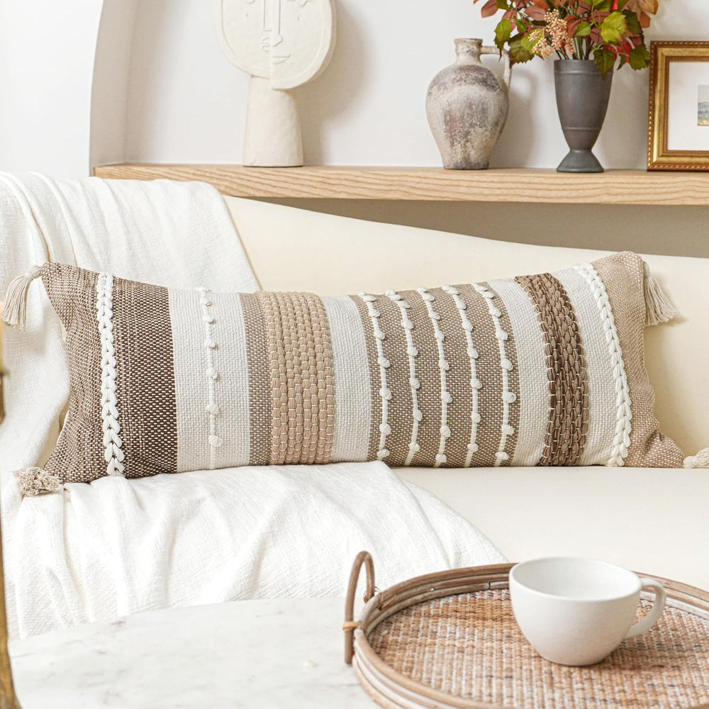 BlissBlush Brown Decorative Lumbar Pillow Cover 14x36 Boho Long Body Pillow f...