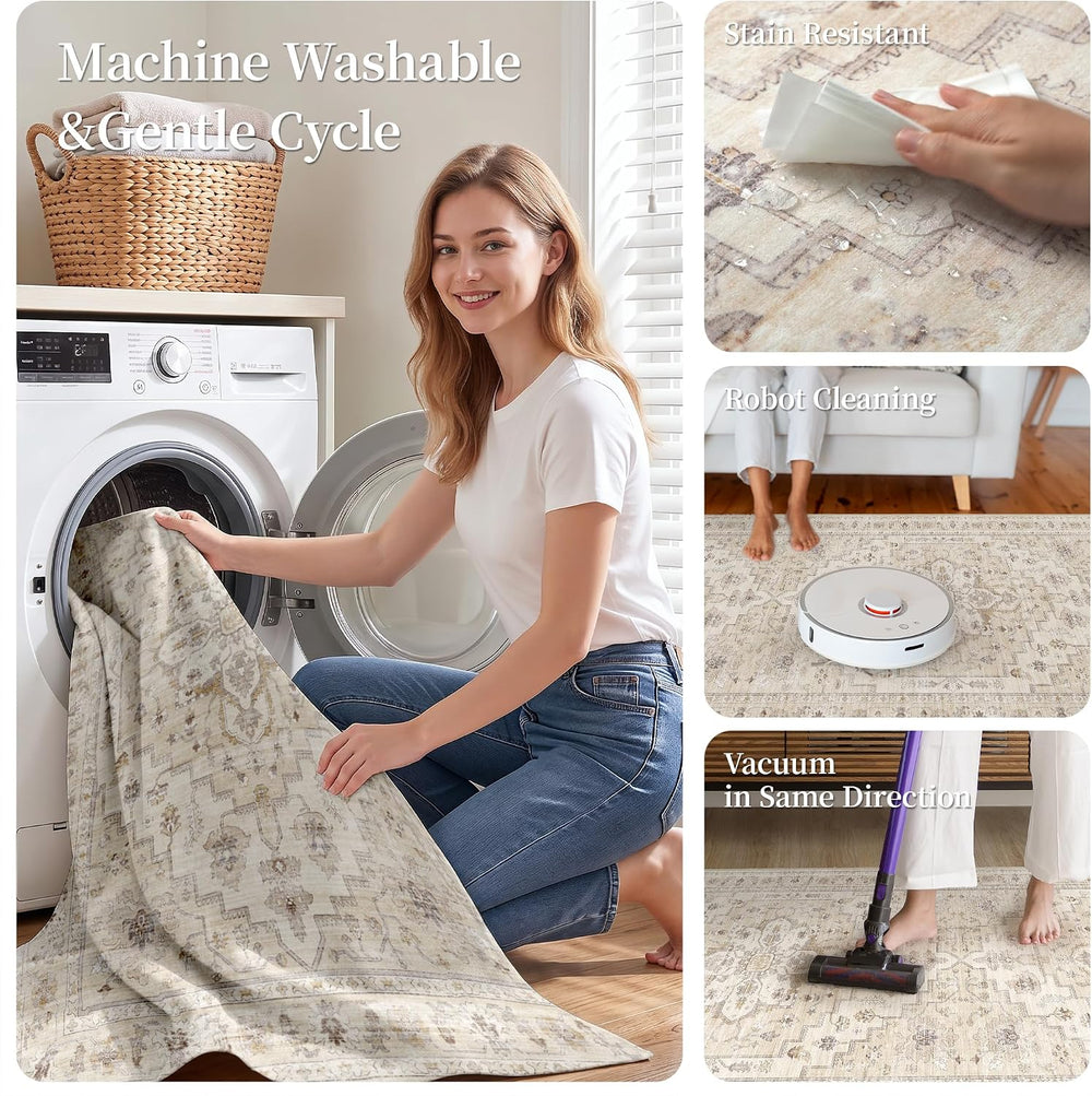 2'6''x12 Washable Runner Rug: Vintage Floral Low Pile Hallway Rug...