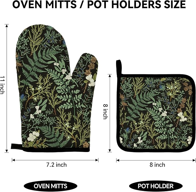 Botanical Print Floral Oven Mitts and Pot Holders Sets Black Sage Green Leaves - Image 2