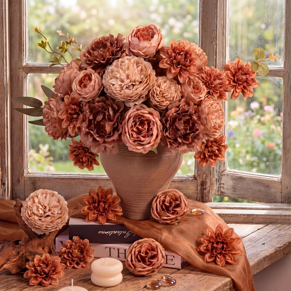 50 Pcs Brown Artificial Flowers Combo Set with Stem