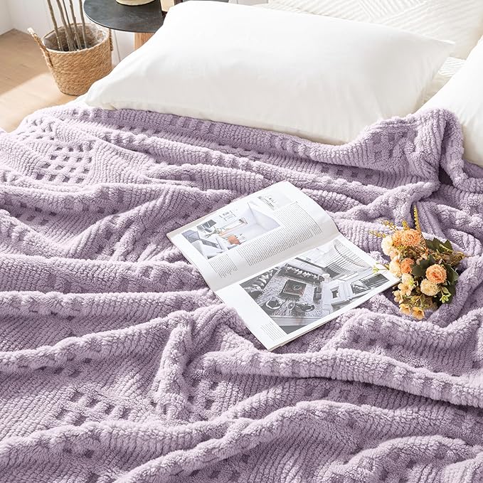 50x70 Inch Waffle Purple Throw Blanket -Fluffy Fleece, Neutral Tan Color - Image 3