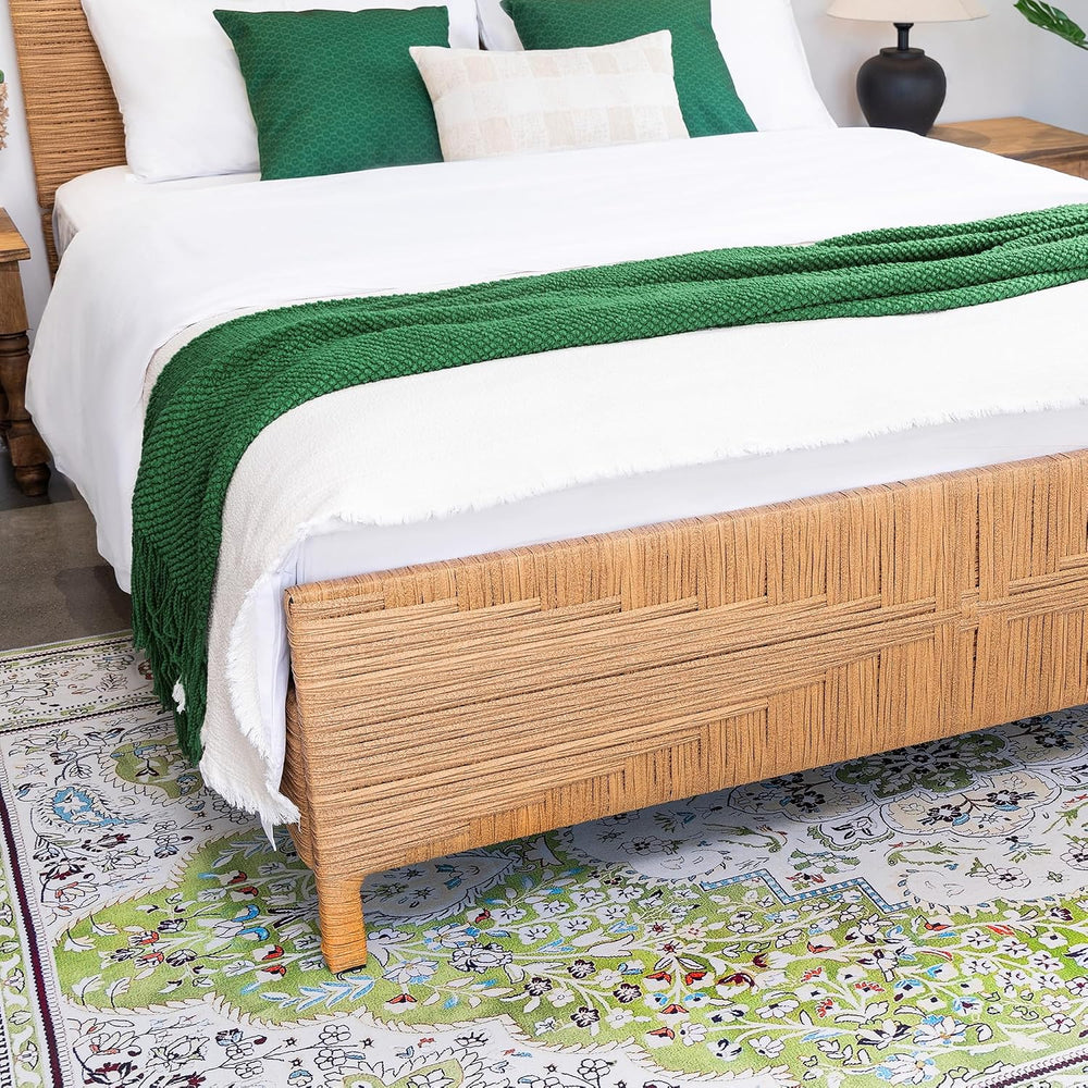 Queen Rattan Style Boho Bed Frame with Headboard and Footboard, Mid Century M...