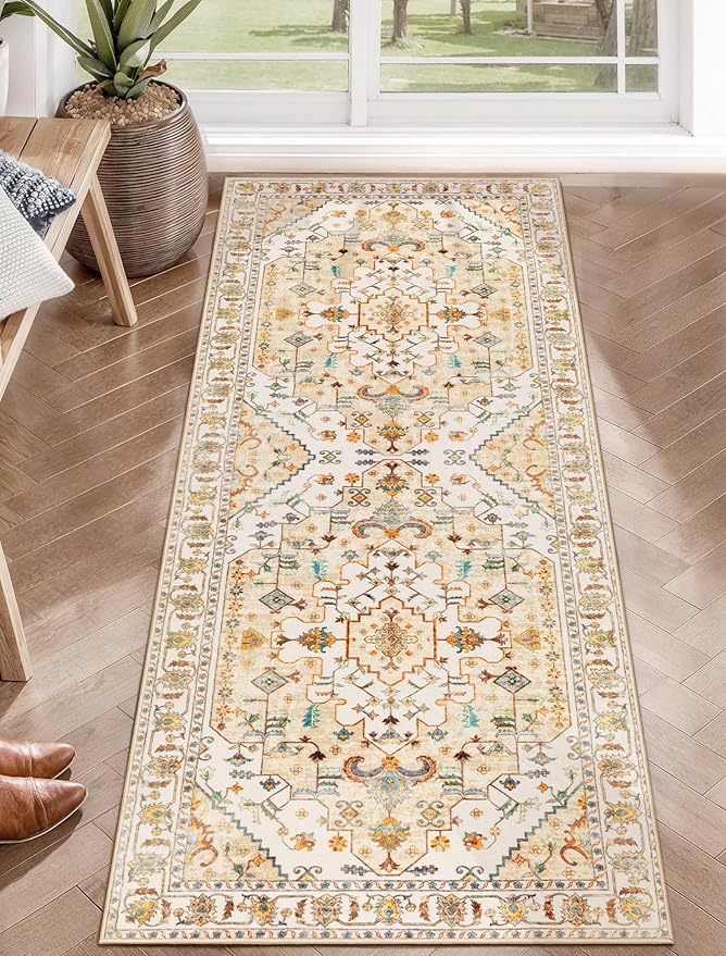 SERISSA Boho Washable Runner Rug, 2x5 Rug Runner Non-Slip Vintage Light Yellow by SERISSAHomeDecorCollection