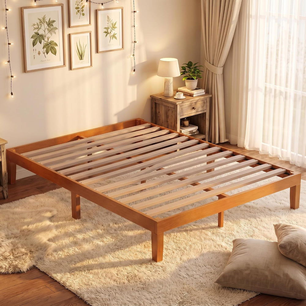 OLIXIS Queen 12 Inch Solid Wood Platform Bed Frame, Natural Pine
