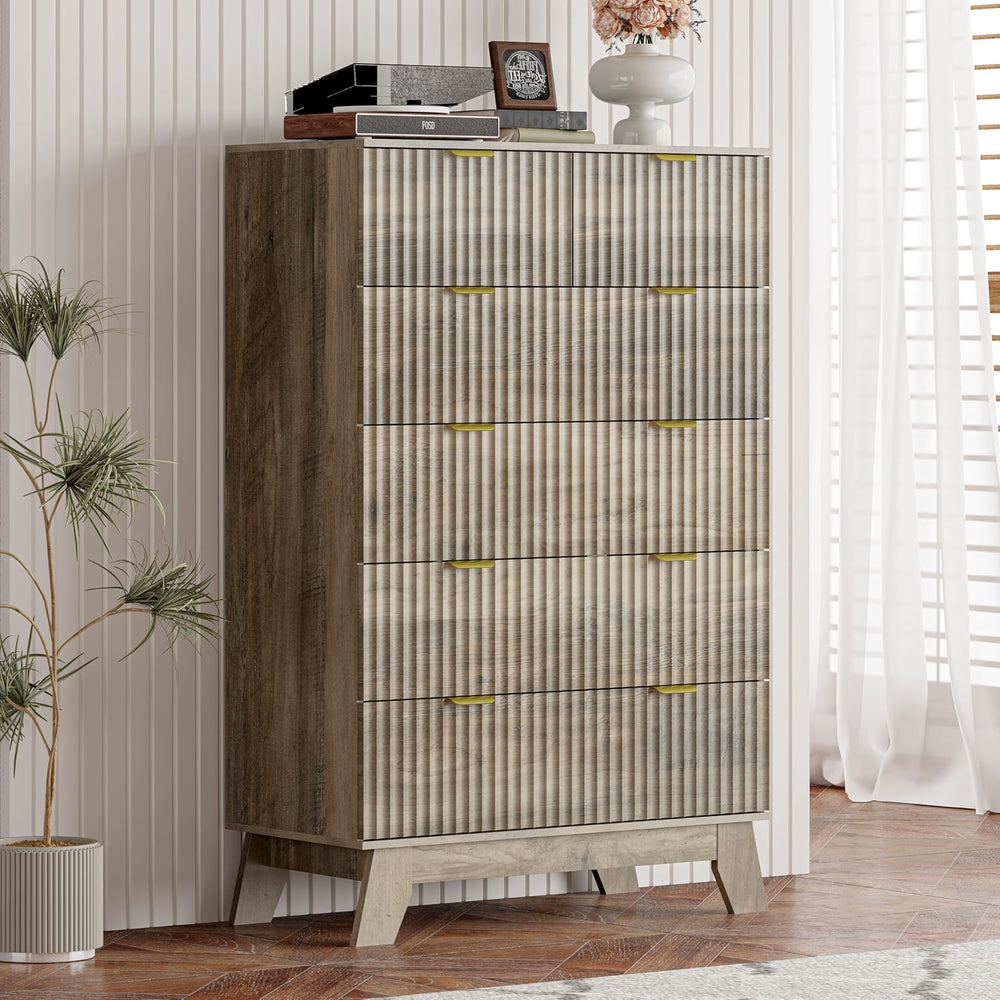 Grey Dresser for Bedroom with 6 Drawer, 46" Tall Fluted Wooden Dresser S...