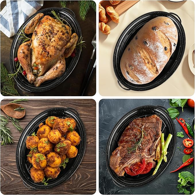 18” Roaster Pan with Lid and Rack, Large Enamel Roaster Pan with Oval Roasting - Image 6