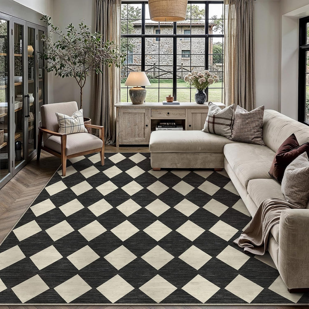 PureCozy Black 8x10 Washable Area Rug Living Room Non Slip Checkered Carpet