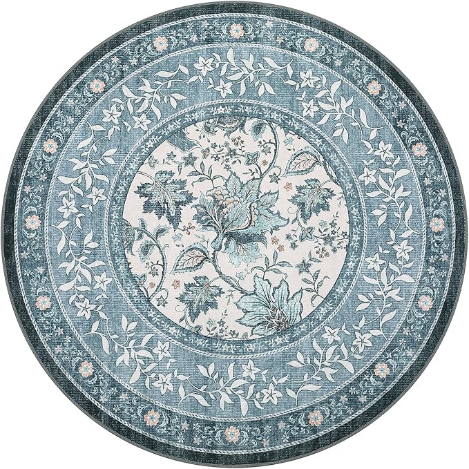 GarveeHome Misty Blue Botanical Grove 6ft Round Rug, Small Circle Vintage - Image 5