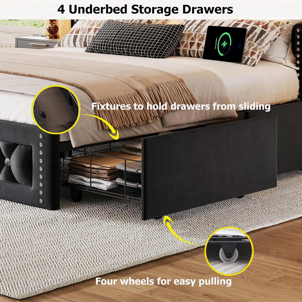Ailisite Full Size Bed Frame with 4 Storage Drawers,Velvet Upholstered Full P...
