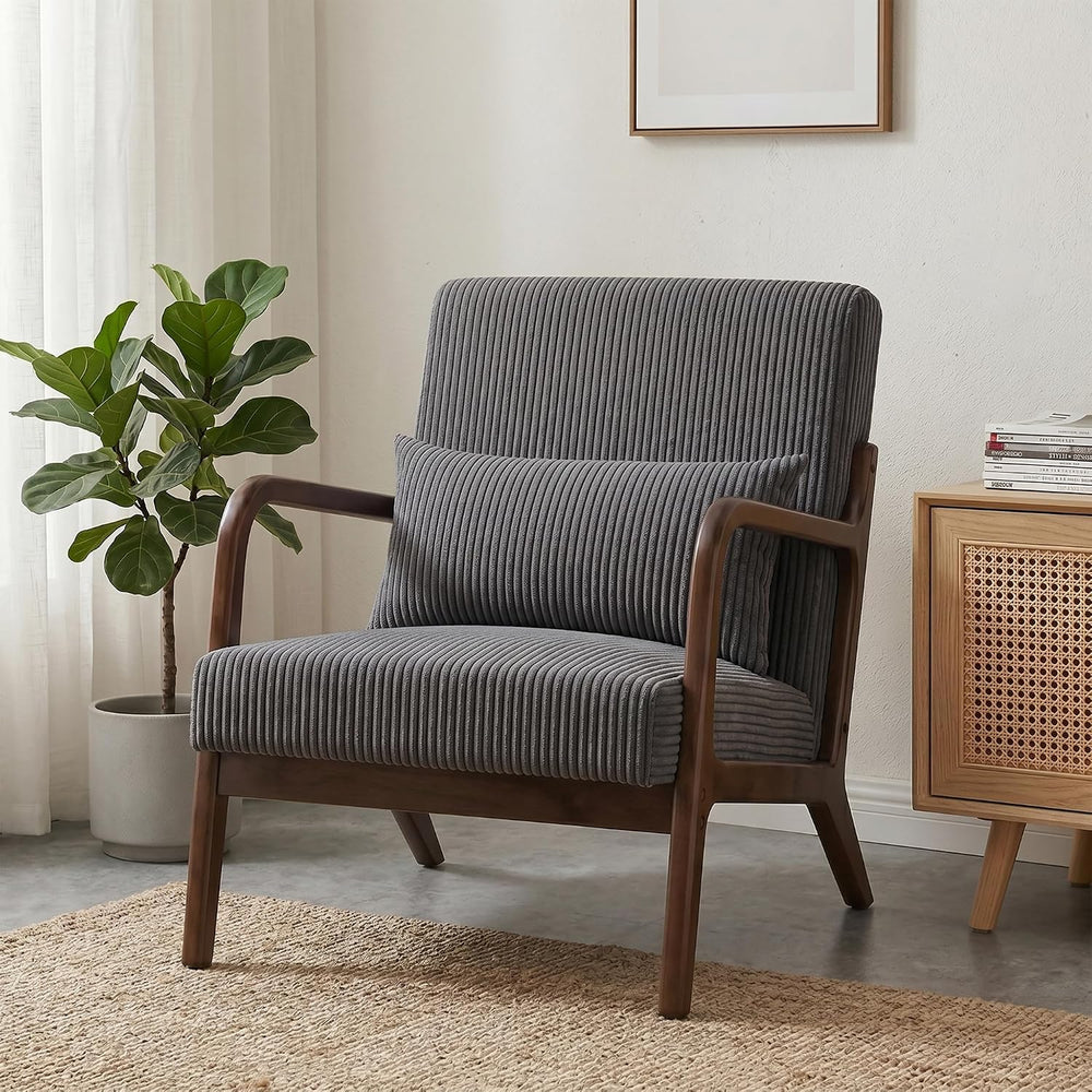 Mid Century Modern Accent Chair, Upholstered Fabric Armchair with Lumbar Pill...