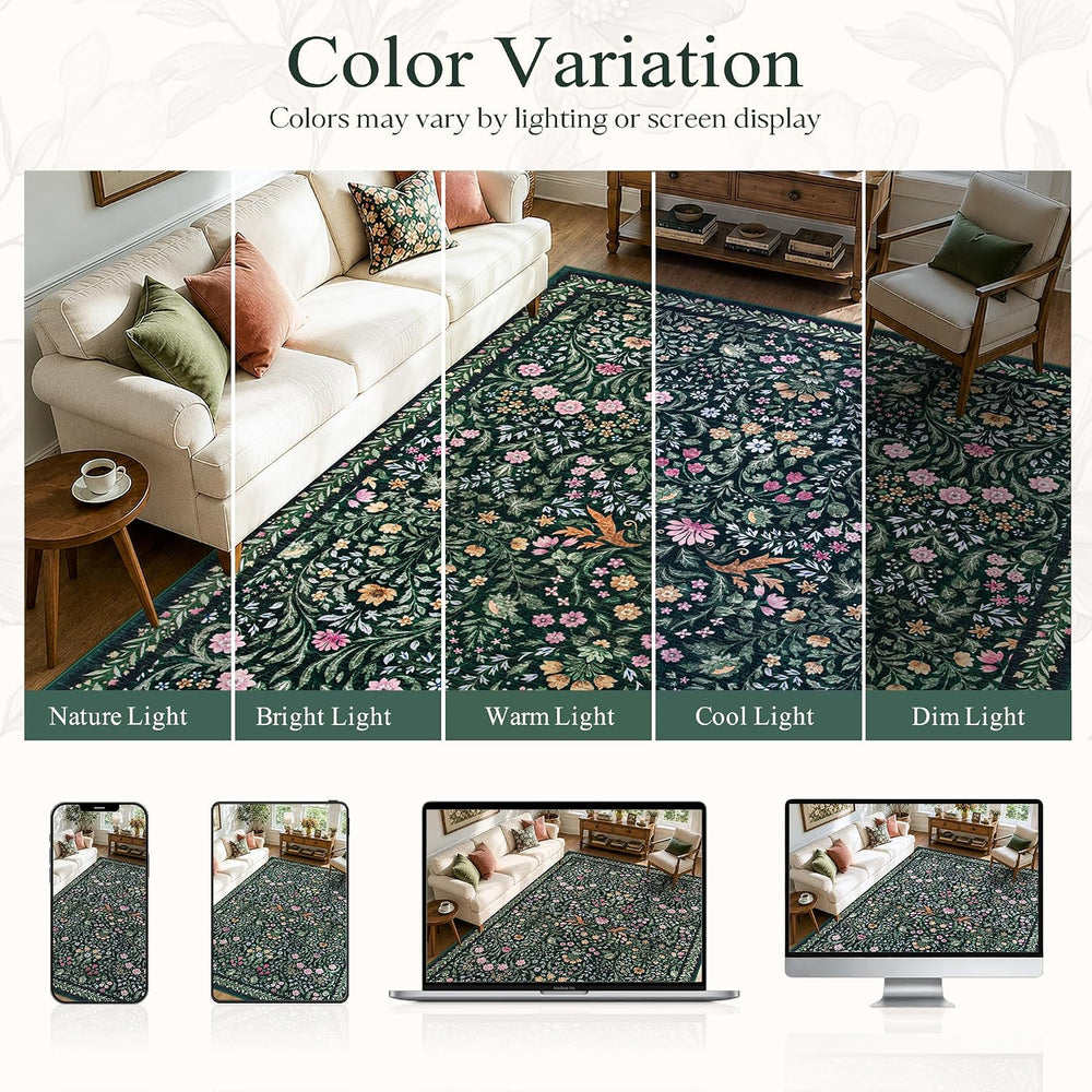 Tosuoka 6x9 Area Rugs Washable Floral Rug Boho Dark Green Carpet Farmhouse
