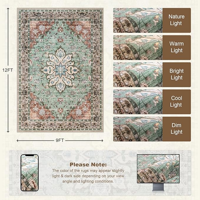 Area Rugs 9x12 Living Room Rug: Washable Rug Soft Vintage Distressed Floral - Image 2
