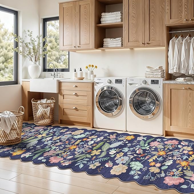 Washable Non-Slip Runner Rug 2x8: Water-Resistant Floral Kitchen Rug Indoor Low