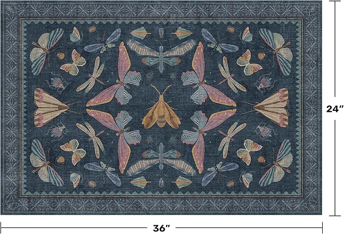Dark Blue 2x3 Small Rugs for Bathroom Non Slip, Washable Vintage Boho Insect - Image 2