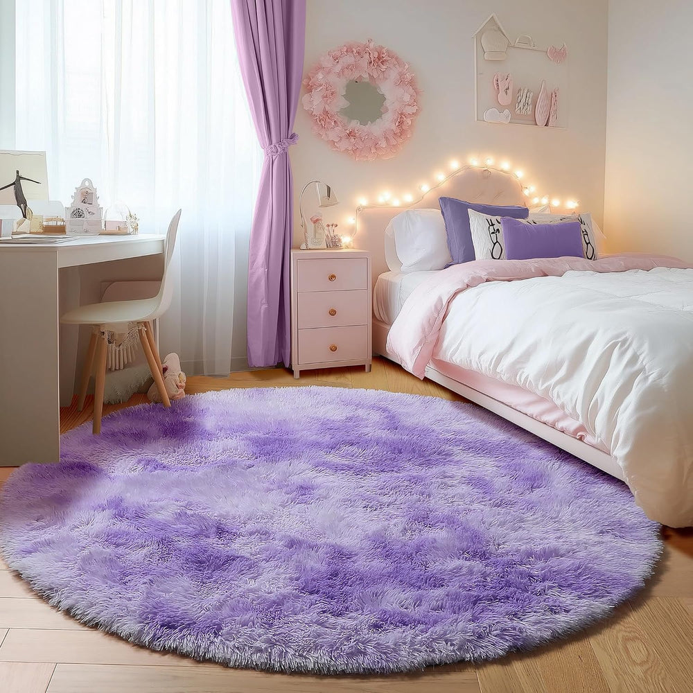 ONASAR Round Rugs 5ft for Bedroom Living Room, Tie-Dyed Purple Fluffy Circle