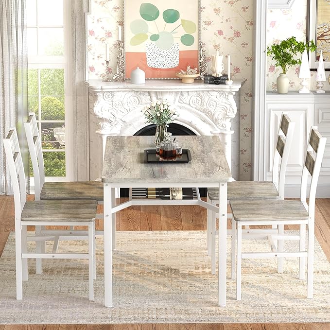 Hooseng Dining Table Set for 4, Wood Kitchen Table Chairs Set with Storage, F...