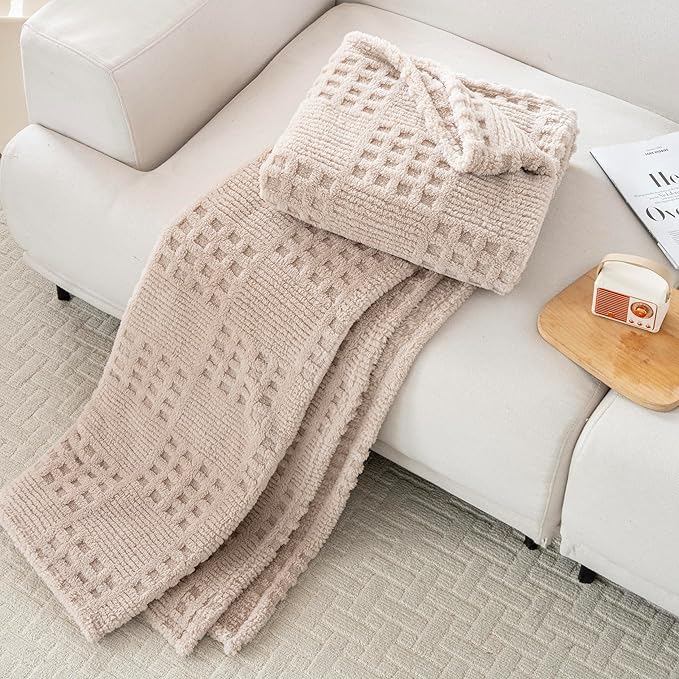 50x70 Inch Waffle Brown Throw Blanket -Fluffy Fleece, Neutral Tan Color - Image 3