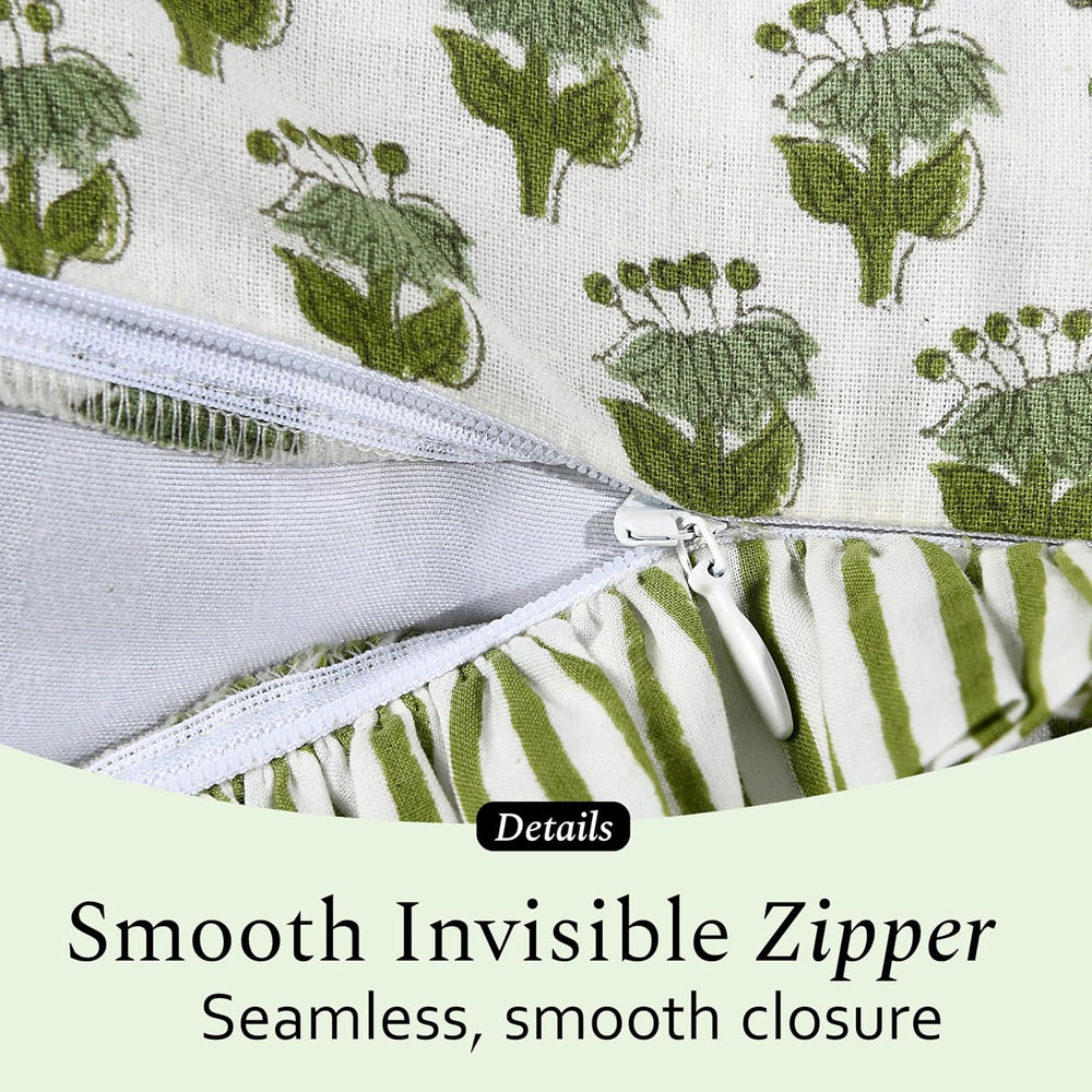 CPC Emerald Green Block Print Ruffle Pillow Cover 24x24 Inch, Pack of 2
