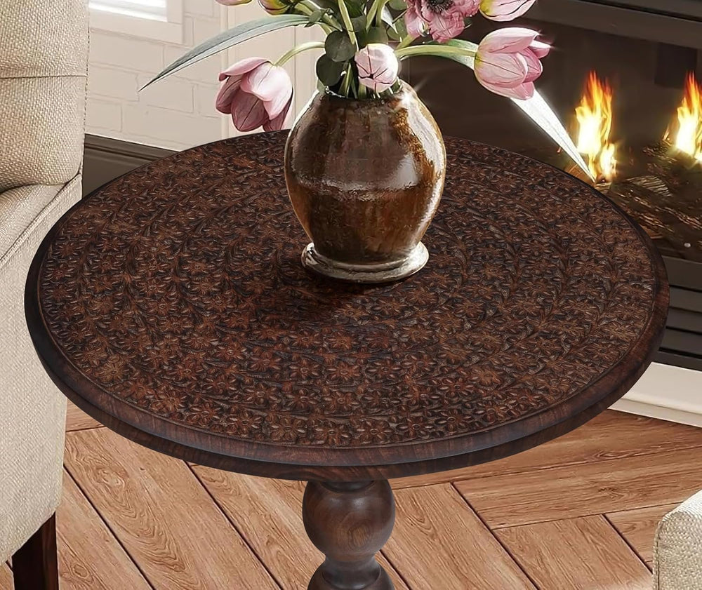 Round Side Table 18x22", Small Drink Table, Hand-Carved Solid Wood
