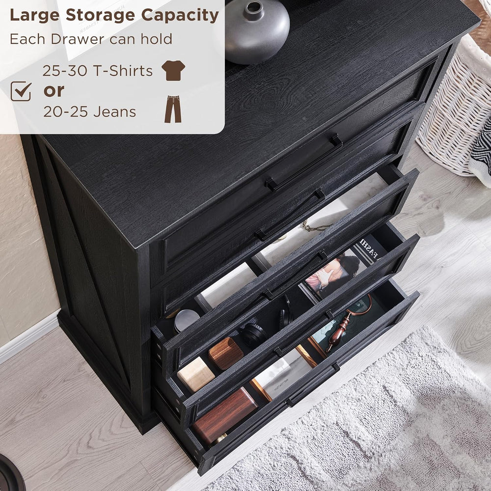 ACCOHOHO Farmhouse 5 Drawers Dresser Chests for Bedroom, Black