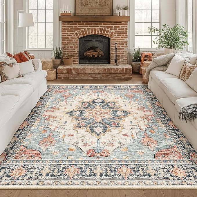 RELEANY Area Rugs Square 8ft Washable Non-Slip, Floral Vintage Distress Print by RELEANY
