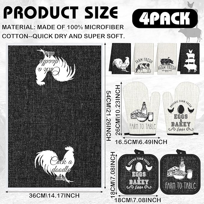 VitalCozy 8 Pcs Farm Animal Theme Kitchen Towels Pot Holders and Oven Mitt Set - Image 2