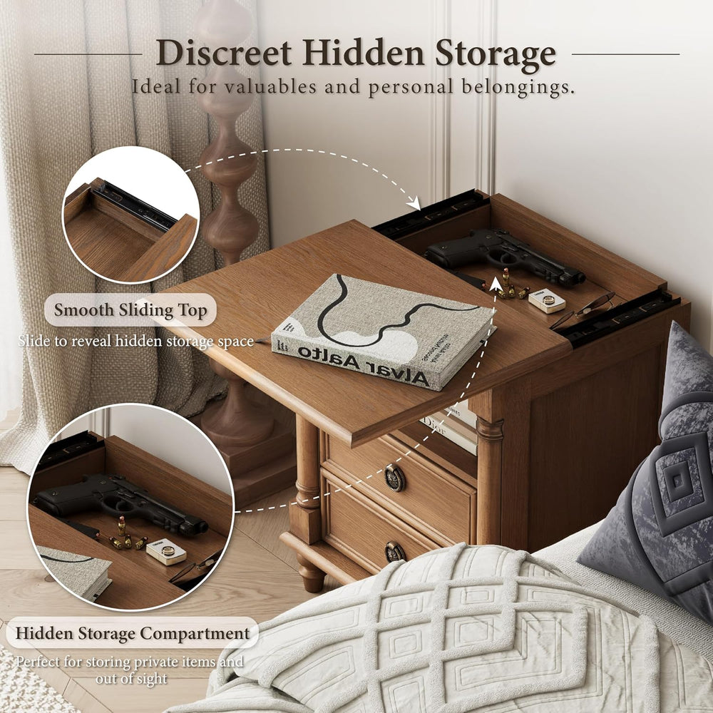 COZAYH Wood Nightstand with Sliding Top & Hidden Storage, 2 Drawer Bedsid...
