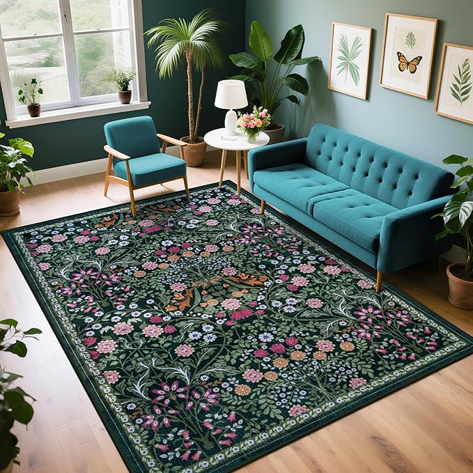 Area Rug Living Room Rugs: Floral 4x6 Washable Rug Vintage Soft Boho Non-Slip by PLHXFRSoftAreaRugs