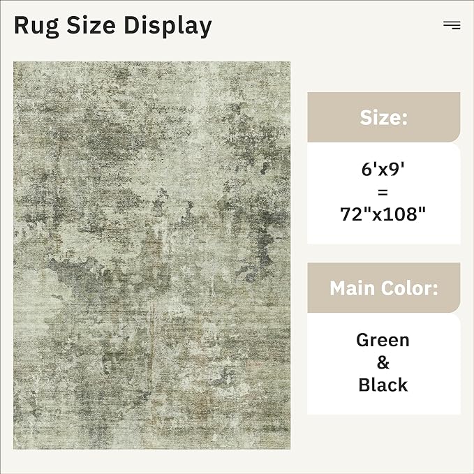 Area Rug 6x9 Abstract Living Room Washable Rugs Green Black Non Slip Low Pile - Image 5