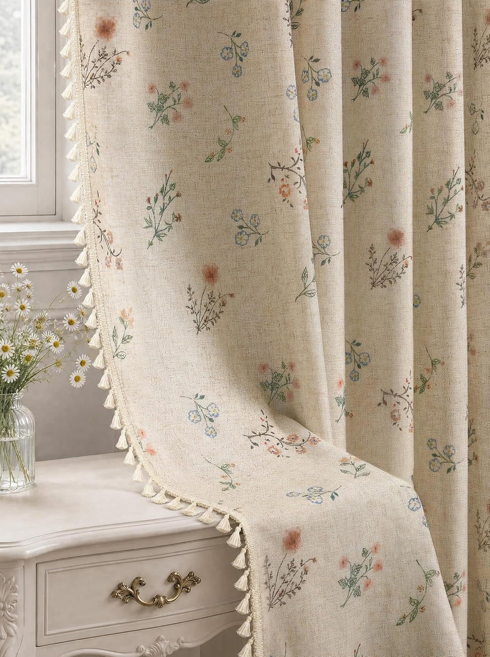 Boho Floral 100% Blackout Curtains 84 Inch 2 Panels Linen Texture
