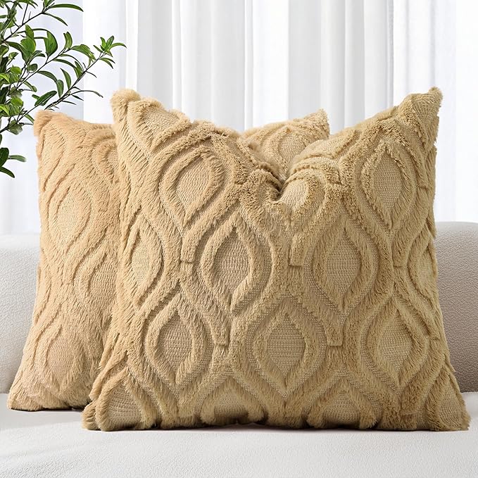 decorUhome Throw Pillow Covers 20x20 Inch Set of 2, Soft Plush Faux Wool Khaki by decorUhome