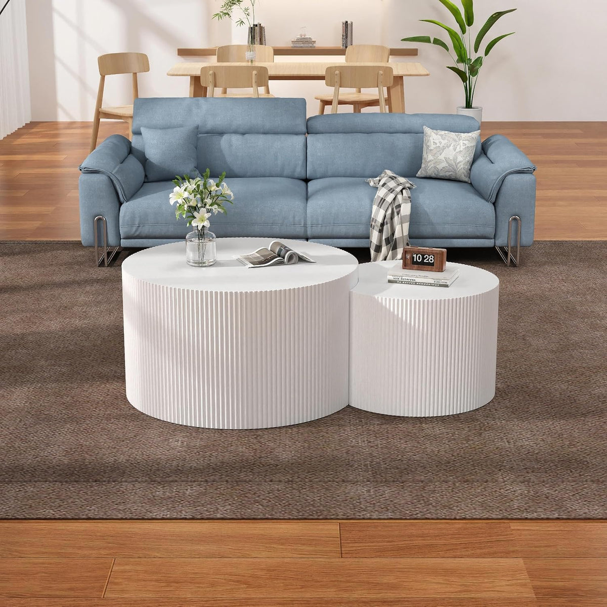 27.5" Round Nesting Coffee Table Set of 2 (White) | Wooden Fluted Drum Side Tables, Space-Saving Nesting End Tables for Living Room, Bedroom, Balcony, Modern Accent Furniture