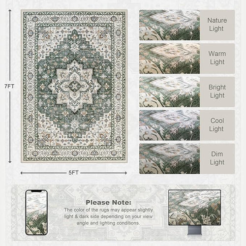 5x7 Area Rugs Living Room Rug: Washable Vintage Boho Medallion Rug No Slip - Image 2