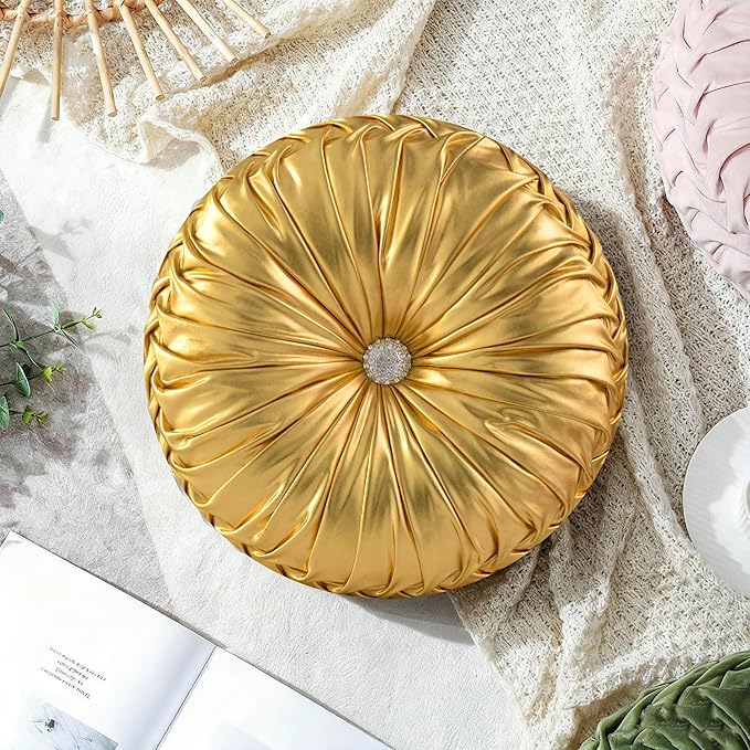 HIG Set of 2 Handcrafted Gold Ruched Round Throw Pillows – 14.5’’ Metallic - Image 7