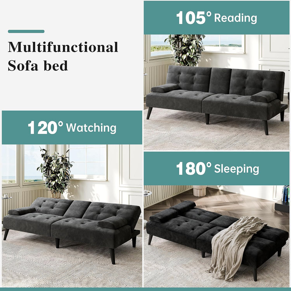 64" Futon Sofa Bed, Small Loveseat, Cup Holders Armrests, Black