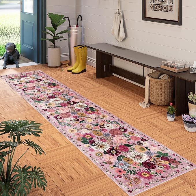 Pink Floral Hallway Runner Carpet Non-Slip, 2x10 Washable Rug Ultra-Thin Soft - Image 2