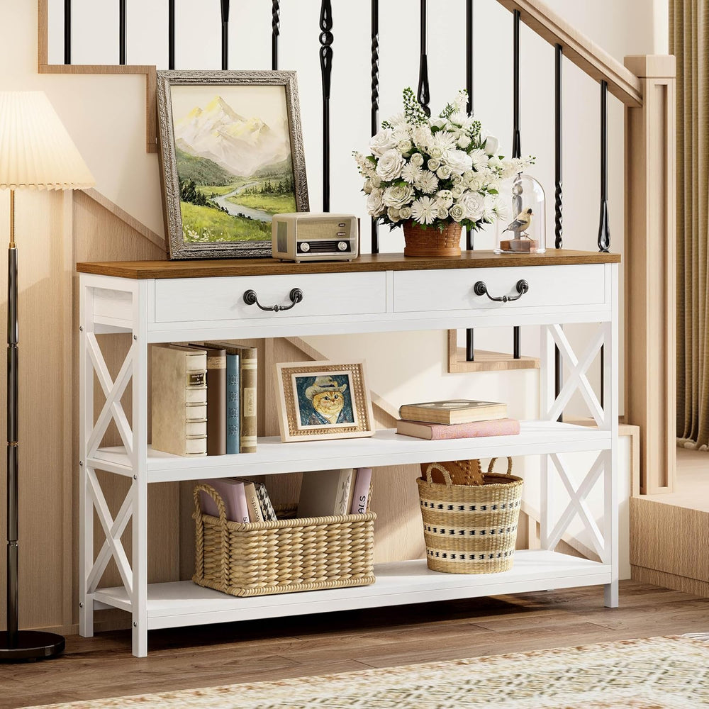 IRONCK 47.2" Farmhouse Console Table, Sofa Table with 2 Drawer, White