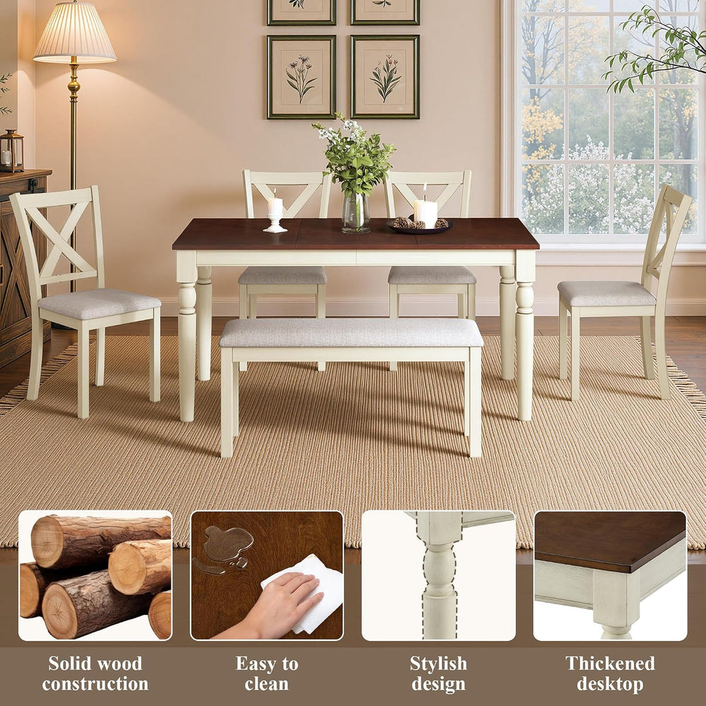LUXOAK 6 Piece Solid Wood Dining Table Set with 60" Farmhouse Table