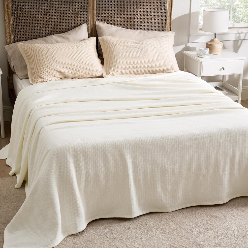 Bedsure 100% Cotton Blanket, Herringbone Weave, Queen Size, Cream