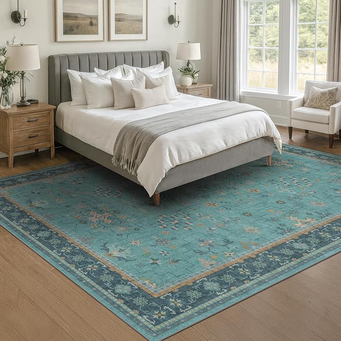 Boho Teal 7x9 Soft Rugs for Living Room, Washable Turquoise Rug for Bedroom - Image 6