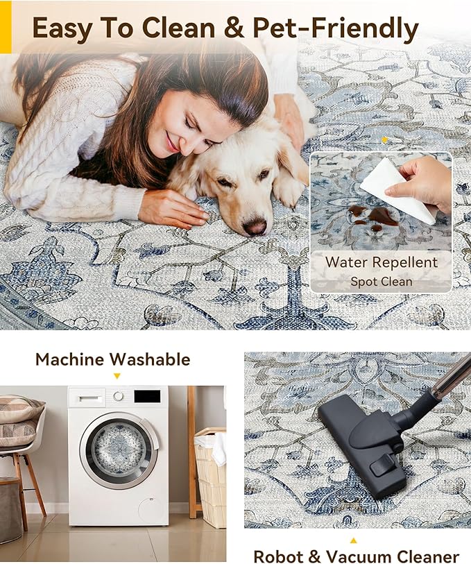 RELEANY Area Rugs 5ft Washable Non-Slip, Floral Vintage Distress Print Pattern - Image 5