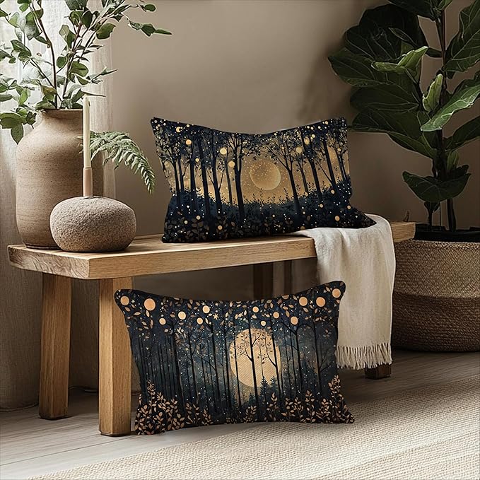 Rustic William Morris Inspired Gold Moon Pillow Covers 12x20 Set of 2, Vintage - Image 5