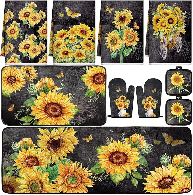 Fourluoo 10 Pcs Vintage Sunflower Kitchen Dish Towels Rugs Oven Mitts and Pot by Fourluoo