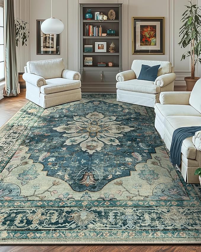 Area Rugs 10'x14' Washable Non-Slip, Floral Vintage Distress Print Pattern by RELEANY