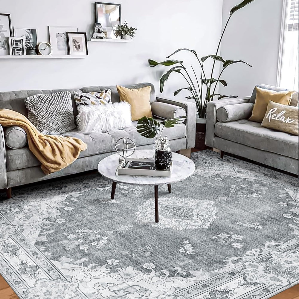 MUJOO Grey Washable Rug 8x10 Area Rugs Non Slip Low-Pile Floral Large