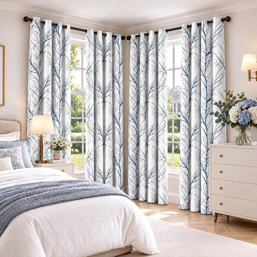FMFUNCTEX 100% Blackout Blue Grey Tree Branch Curtains 54 Inch 2 Panels