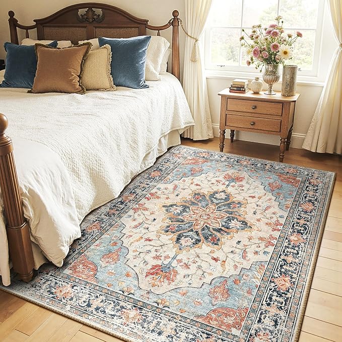 Area Rugs 4'x5' Washable Non-Slip, Floral Vintage Distress Print Pattern by RELEANY