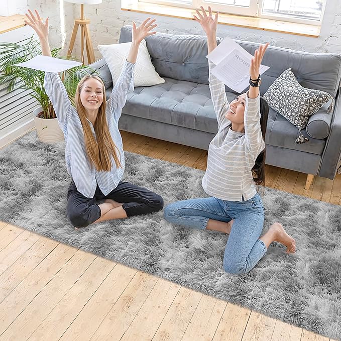 Super Soft Fluffy Living Room Area Rug 2x10 ft Tie-Dyed Light Grey Shaggy Furry - Image 2